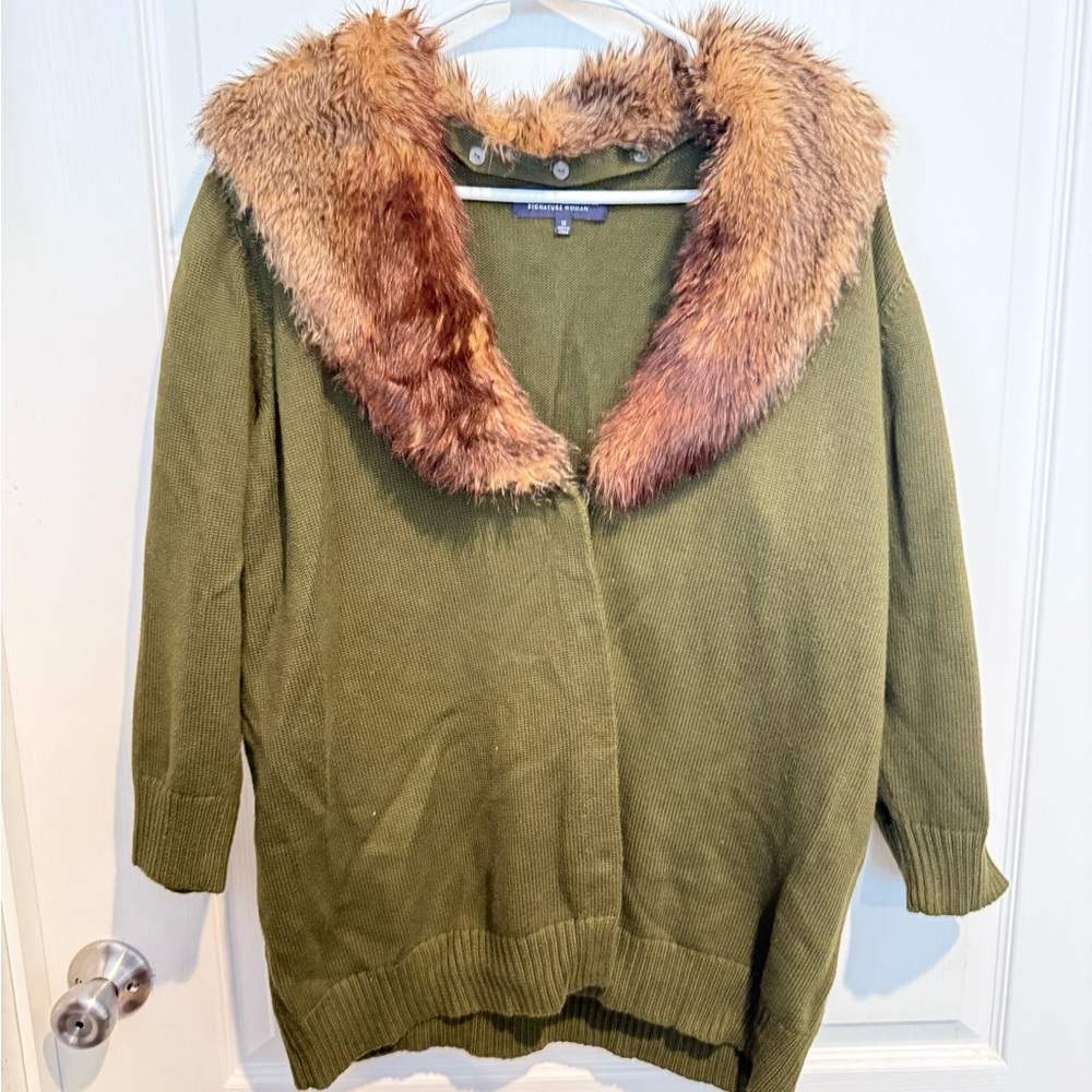 Jones New York Olive Cardigan with Faux Fur Collar